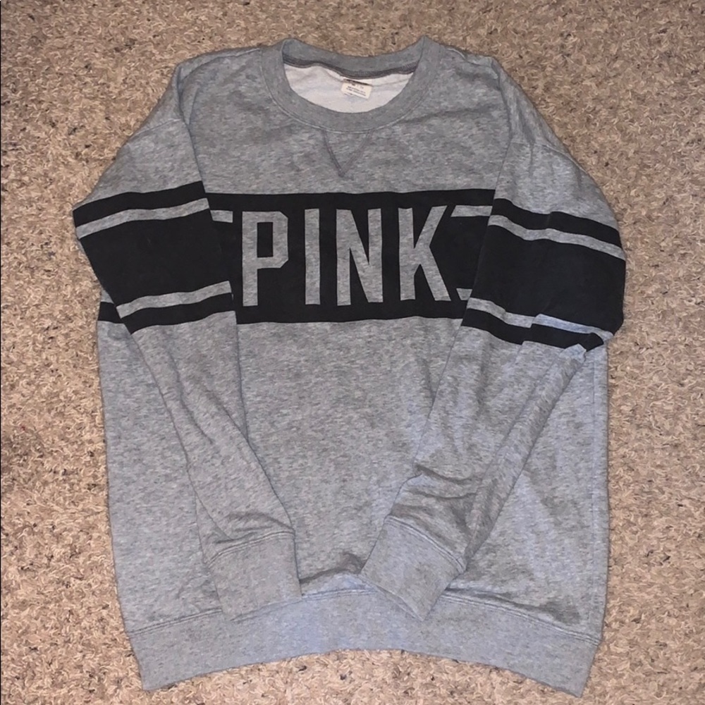 gray and black “pink” crew neck